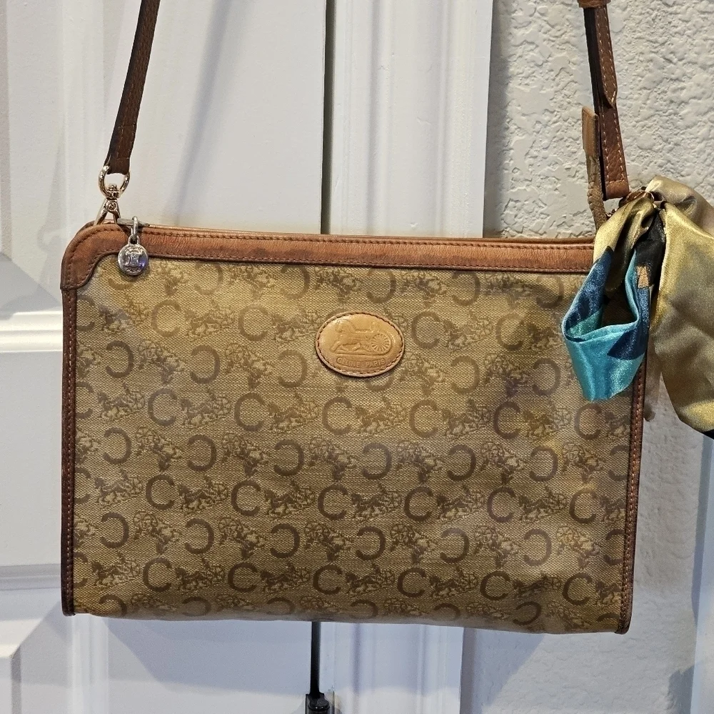 Céline "C" Monogram Horse & Carraige Coated Canvas Clutch w/Strap & Twilly Added - Picture 11 of 16